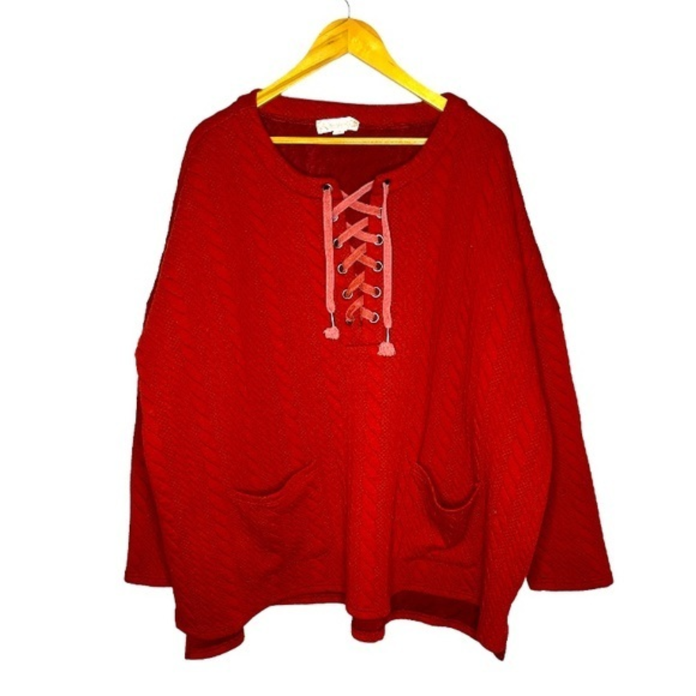 Weekend Suzanne Betro 3X red lace up v neck cable‎ knit style boxy hi low top